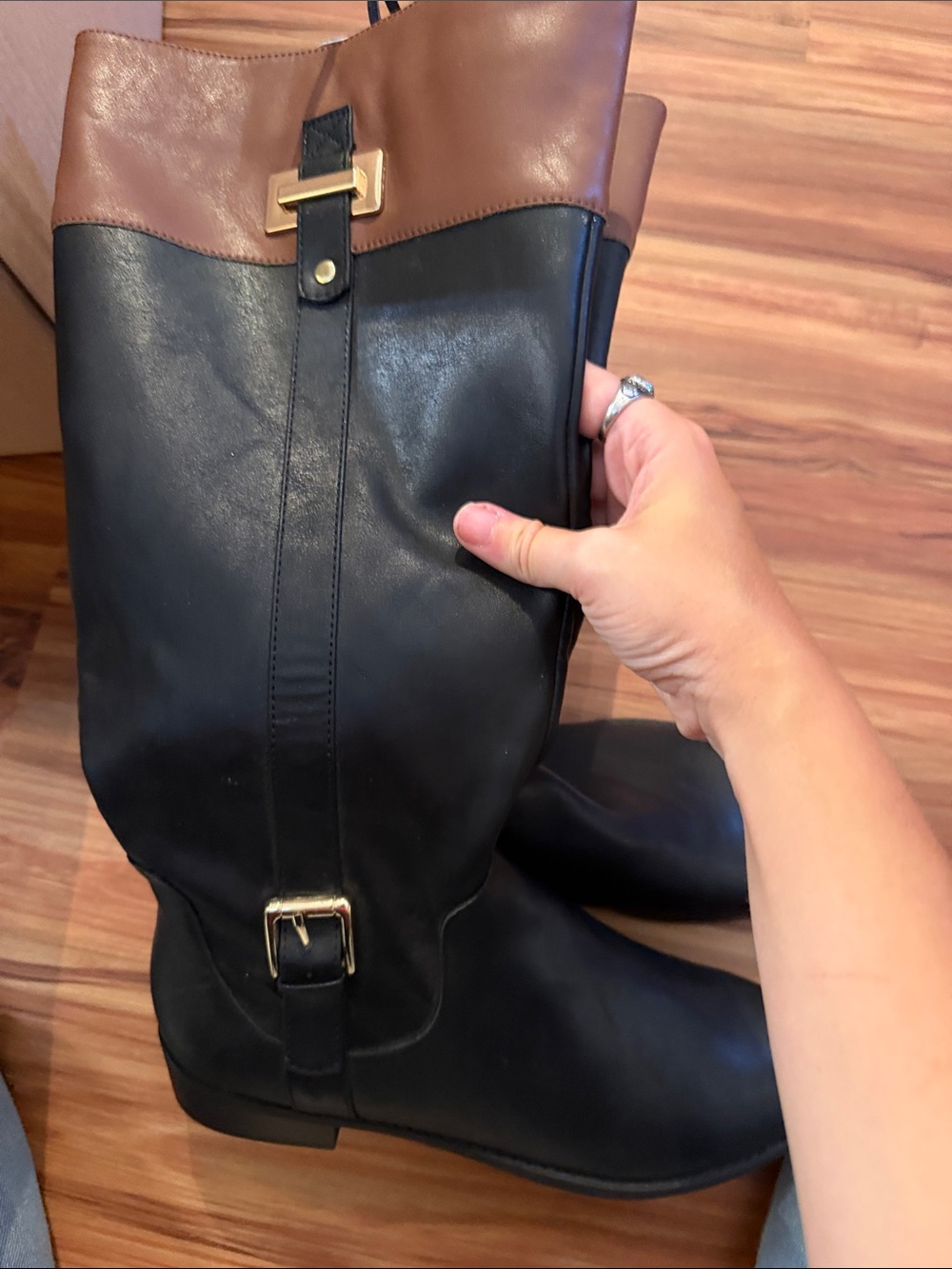 Two-Tone Black and Brown Leather Women's Tall Tote